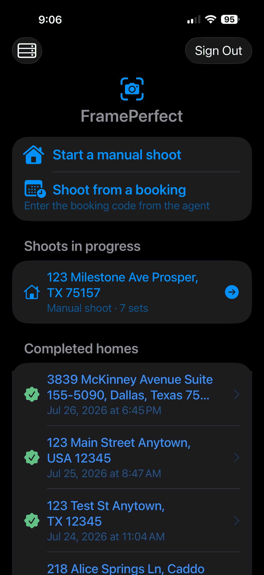 FramePerfect property workflow home screen
